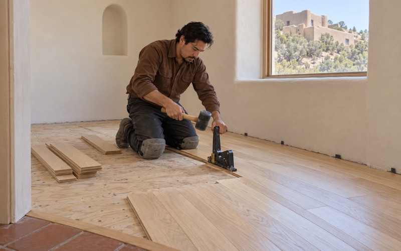 Worker nailing new solid oak strip flooring over a plywood subfloor in a Santa Fe Style bedroom.