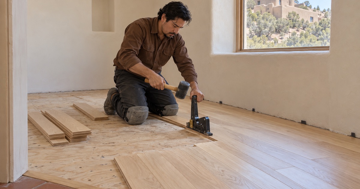 Worker nailing new solid oak strip flooring over a plywood subfloor in a Santa Fe Style bedroom.