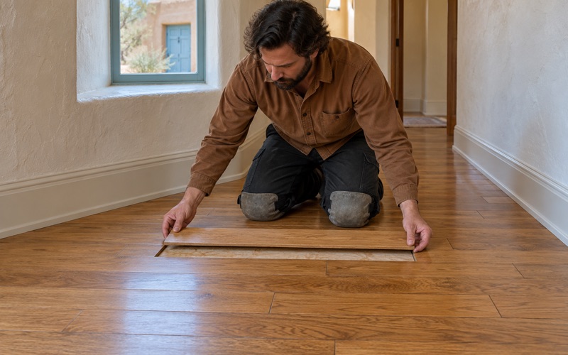 Worker lowering a replacement oak board into a staggered repair where an old floor furnace was removed in a Santa Fe house.