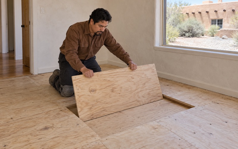 Worker lowering a new plywood panel into place in the subfloor before new hardwood goes down in a Santa Fe home.