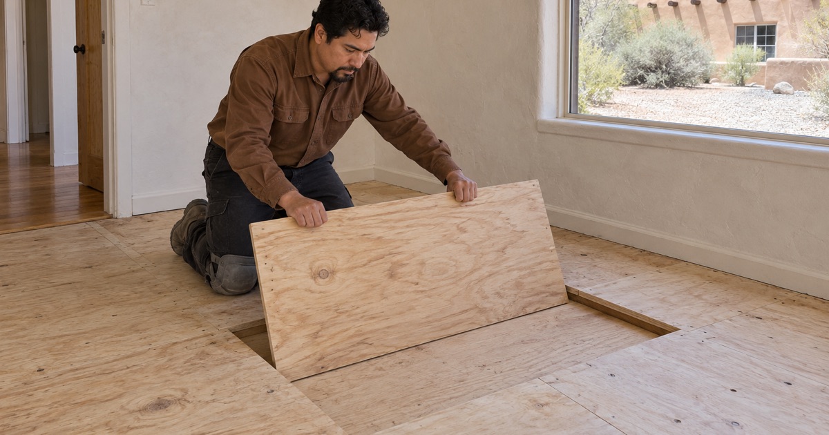 Worker lowering a new plywood panel into place in the subfloor before new hardwood goes down in a Santa Fe home.