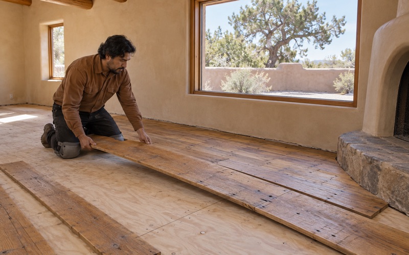 Worker laying a long reclaimed wide pine plank into a dry layout under the vigas of a Santa Fe living room.