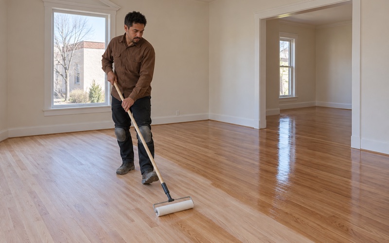 Worker walking backwards while rolling clear finish across sanded oak in the living room of a Santa Fe Style house.