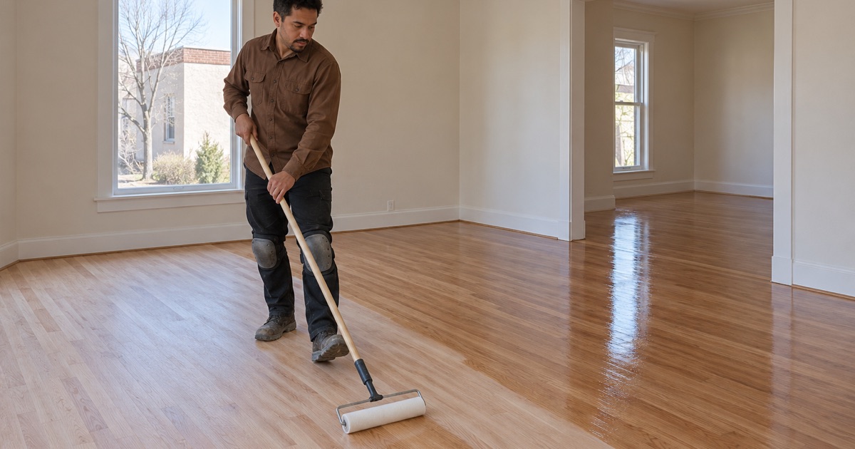 Worker walking backwards while rolling clear finish across sanded oak in the living room of a Santa Fe Style house.