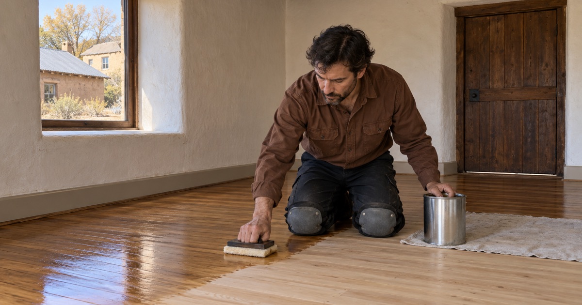 Worker wiping oil finish onto a sanded wood floor in an older house in the village of Agua Fria.