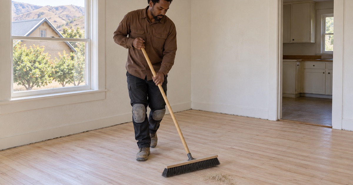Worker sweeping sanding dust off a bare wood floor in an older detached house in Chimayo.