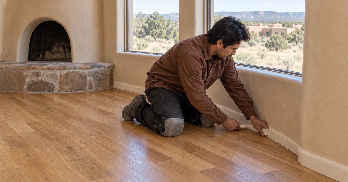 Worker pressing new shoe molding along a refinished oak floor in a 1990s house in Eldorado at Santa Fe.