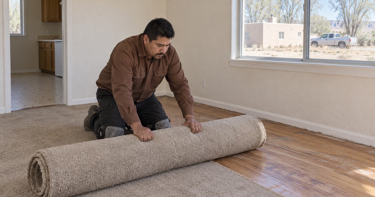 Worker rolling up worn carpet to uncover a wood floor between tenants in an Española rental house.