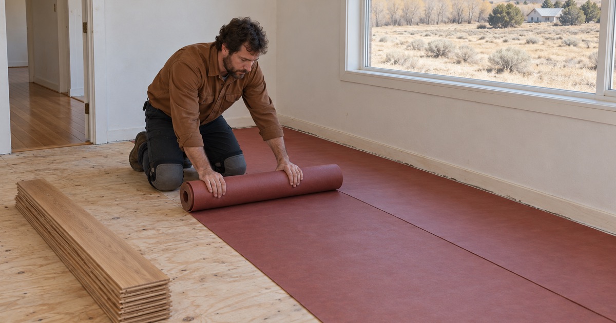 Worker unrolling underlayment across a plywood subfloor before new wood flooring goes down in a La Cienega house.