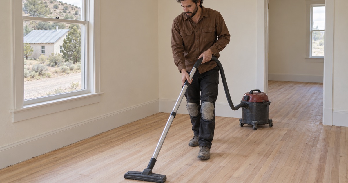 Sanded hardwood strip floor being vacuumed before finishing in an older Lamy house.