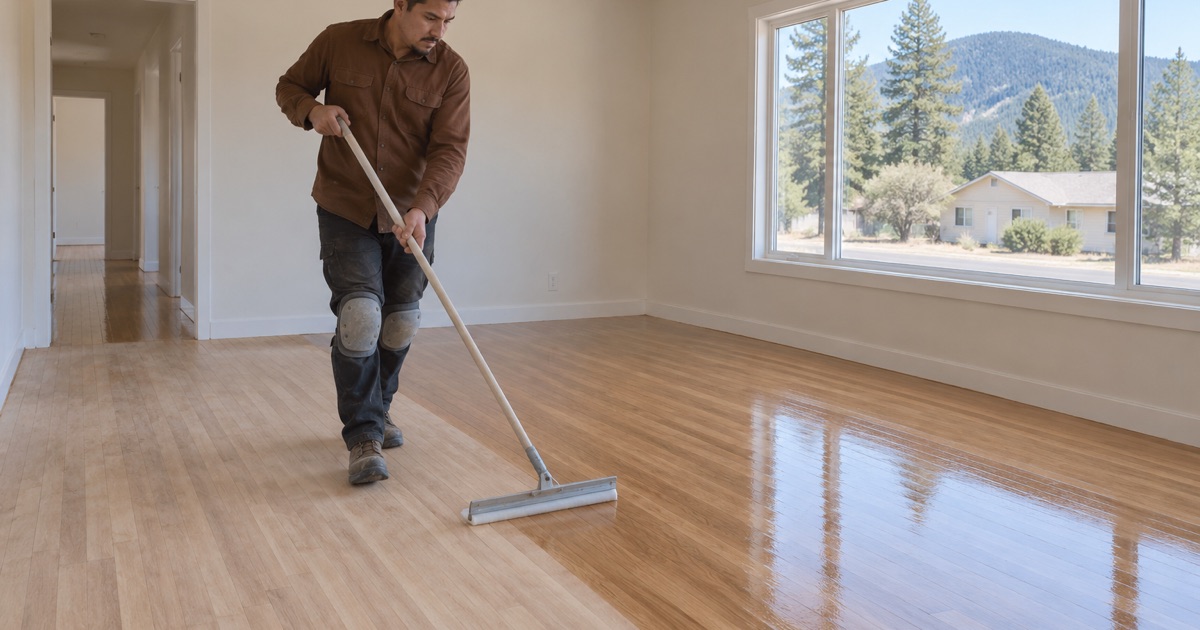Worker drawing a finish applicator across a sanded hardwood floor in a 1950s Los Alamos townsite house.