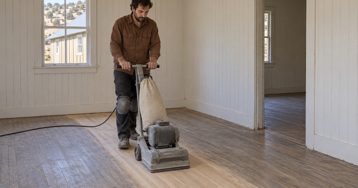 Worker sanding the old oak floor of a board-and-batten company house in Madrid with a square-pad floor sander.
