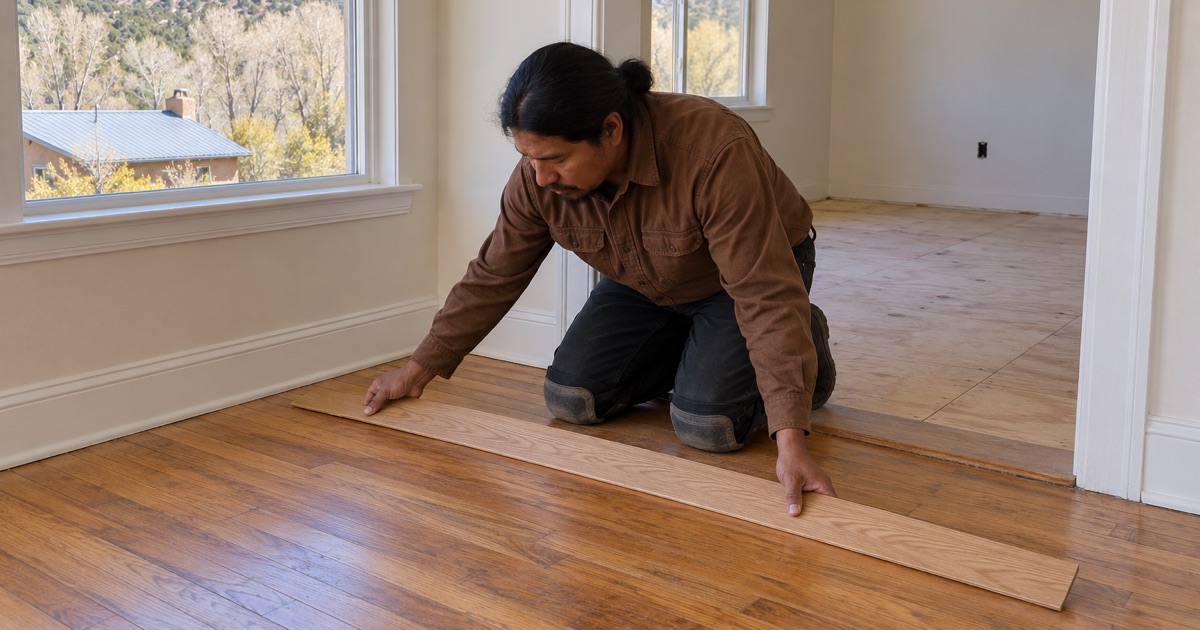 Worker holding a new oak board against an older wood floor to match color in a Nambe house.