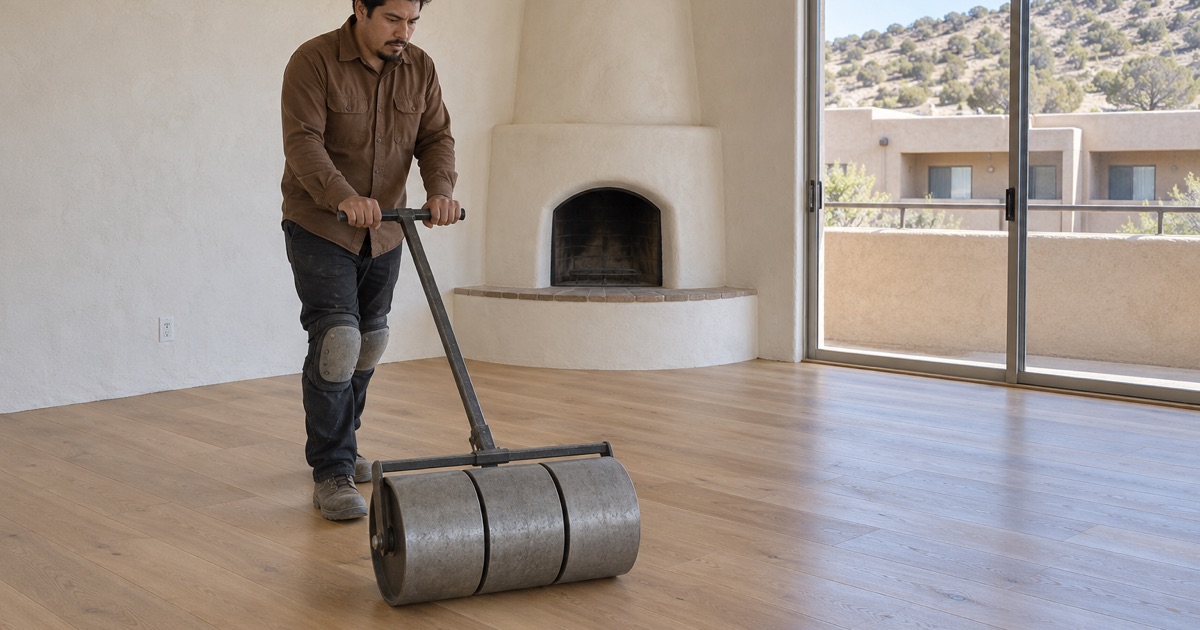 Worker rolling newly glued engineered planks with a floor roller in a small apartment unit in Pojoaque.