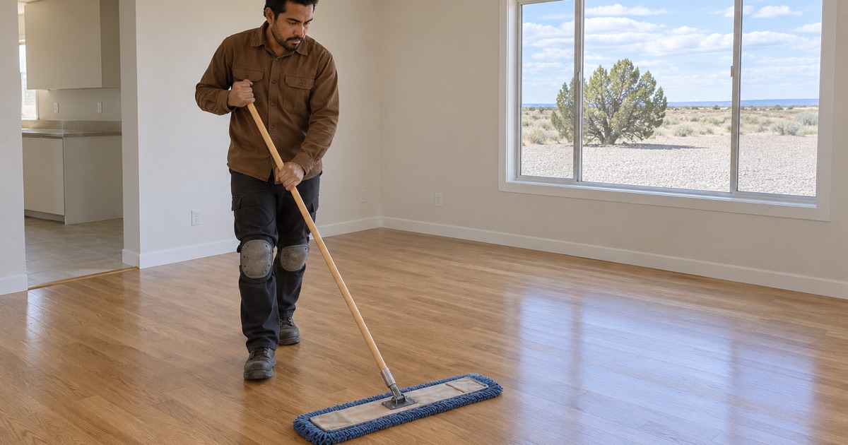 Freshly refinished hardwood floor being dust-mopped in a Santa Clara Pueblo house.