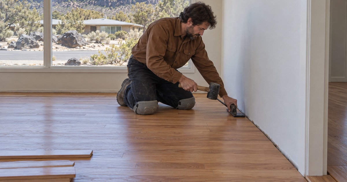 Worker drawing the last row of a new oak floor tight with a pull bar in a 1960s White Rock ranch house.